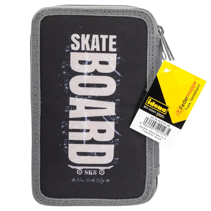 Idena 20123 Triple Pencil Case with 3 Zip Compartments Skateboard