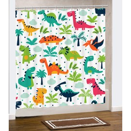 Fourth Shore Tropical Dinosaur Shower Curtain. Colorful Dinosaur Theme Will add an Element of Fun to Your Master, Guest, Kids, Boys, College Dorm Bathroom.