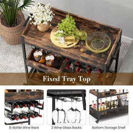 Giantex Rolling Bar Cart, 3-Tier Industrial Buffet Serving Cart with Wine Rack, Stemware Rack & Removable Tray, Kitchen Storage Trolley with Lockable Casters for Home Bar, Rustic Brown