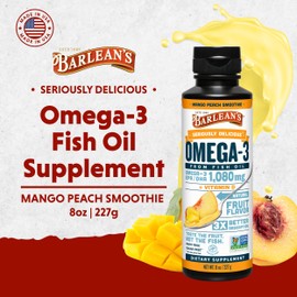 Barlean's Omega 3 Fish Oil Liquid Supplement with Vitamin D for Men and Women, 1080mg of EPA and DHA Fatty Acid, Promotes Brain & Heart Health - Non-GMO, Mango Peach, 8 oz