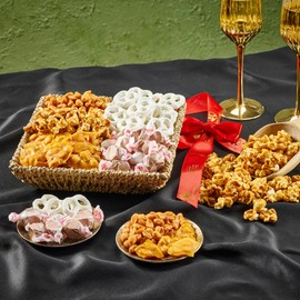 KREMERY Creamy Chocolate Cravings, Holiday Christmas Chocolate Covered Pretzels & Caramel Popcorn Gift Basket in Seagrass Tray + Ribbon Classic (1.5 lbs) Xmas Kwanzaa Birthday Sweet Treat Kosher Dairy