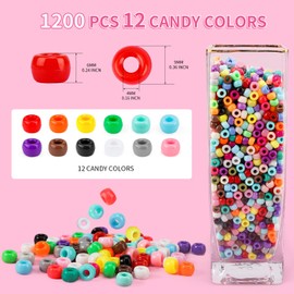 Paodey 1200+pcs Pony Beads 9mm Kandi Beads for Bracelets, Hair Beads for Braids Plastic Colorful Beads Bulk Acrylic Assorted Beads for Crafts Keychains Jewelry Friendship Bracelet Kit