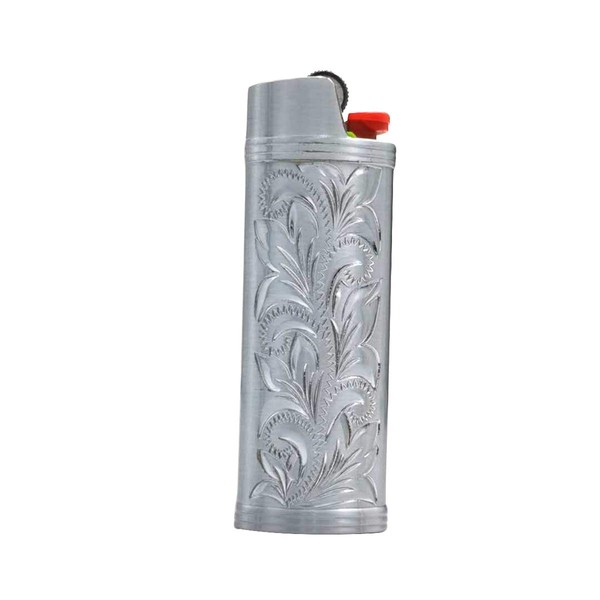 Lucklybestseller Metal Lighter Case Cover,Lighter Sleeve Holder Vintage Floral Stamped for BIC Full Size Lighter J6 (Silver Gray)