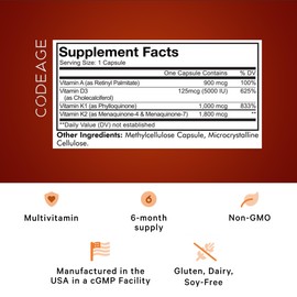 Codeage Codeage ADK Vitamins Supplement - Essential Vitamin A, Vitamin D3 5000 IU, Vitamin K1 & K2 (MK4 & MK7) - 6-Month Supply - A D K Vitamins, 1 Capsule per Serving, Non-GMO, Gluten-Free - 180 Capsules