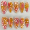 MouyouGlow Press on Nails Short, Almond Pink Yellow Airbrush 3D
