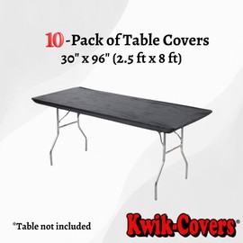 Kwik-Covers Rectangular Plastic Table Covers 8' Bundle of 10 with One Hundred Forty (140) Ohm Commerce Paper Napkins - Indoor or Outdoor Fitted Table Covers (Table NOT Included) (30x96, Black)
