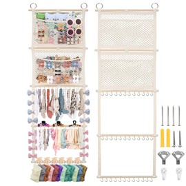 Headband Holder, 17x50in Bow Holder W/ 2 Mesh Pockets & 36 Metal Hooks, Bow Organizer for Girls Hair Clip Jewerly, Wall Hanging Hair Accessories Storage Hanger for Baby Toddler Nursery Decor(Beige)