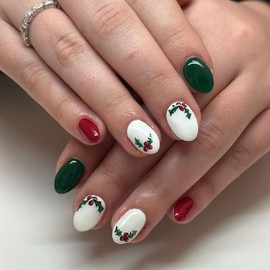 Christmas Press-on Nails - Short Almond Fake Nails with Christmas Plants Designs, Green & Red, Glue-on, Full Cover Acrylic, Glossy Finish