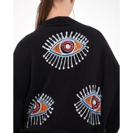 esma cim ec peştemalcim Black Color Evil Eye Pattern Turkish Kimono Robe, Beach Cover Up, Organic Cotton