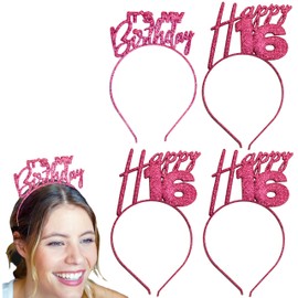 RhinestoneSash Sweet 16 Birthday Party Supplies - SET OF 4: Hot Pink (1) Its My Birthday Headband & (3) Happy 16 Headbands - 16th Birthday Decorations - (1IMB 3Hap16) HPK