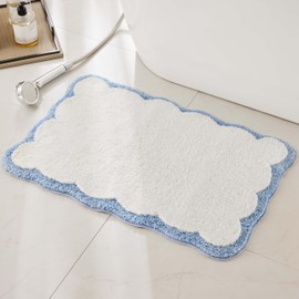 Luxury Microfiber Bathroom Rugs, Small White Bath Rug with Blue Scalloped Piping Cute Aesthetic Preppy Bath Mat for Bathroom, Tub, Floor Carpet, Sink, Shower, Anti Slip, Absorbent, 26x16