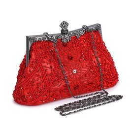 KISSCHIC Clutch Purses for Women Vintage Beaded Clutches Purses Evening Handbags for Wedding Party (Red)