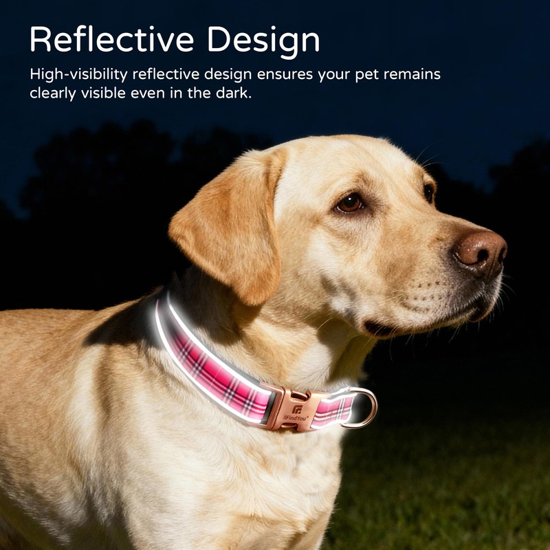 ILFindYou Reflective Plaid Dog Collar for Large Dogs, Rose Red-L