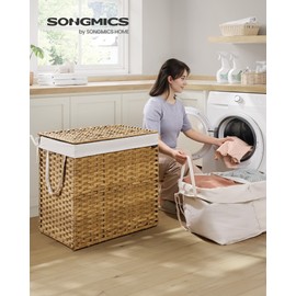 SONGMICS Laundry Hamper with Lid, 160 L Clothes Hamper with 2 Removable Liner Bags, 6 Mesh Bags, Wicker Laundry Basket, Double Laundry Hamper for Bathroom, 26 x 15.7 x 24 Inches, Natural ULCB316Y01