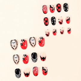 MISUD Press on Nails - Short Oval Fake Nails with Goth Red Black, Acrylic Gothic Ghost Bat Design 24 pcs