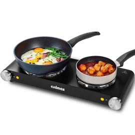 CUSIMAX Double Hot Plates, Cast Iron hot plates, 1800W Electric Cooktop, Hot Plates for Cooking Portable Electric Double Burner, Black Stainless Steel