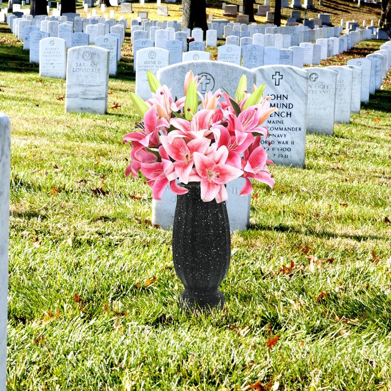 Cemetery Vase, Black Plastic, Modern Cylindrical Vase with Ground Spike,
