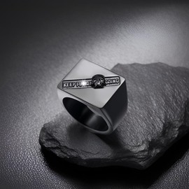 ELFASIO Keep Going Skull Rings for Mens, Square Signet Ring for Dad Father Jewelry Gift for Him, Black Stainless Steel Gothic Punk Skeleton Men's Biker Ring Size 9
