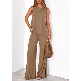 PRETTYGARDEN Women's 2025 Two Piece Matching Lounge Sets Asymmetrical Split Tank Tops Wide Leg Pants Summer Outfits Tracksuit (Khaki,Small)