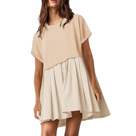 Womens Cute Pleated Dress Patchwork Casual Short Sleeve Tops Loose Oversized Summer Mini Dress Apricot