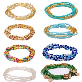 INGJIA 8 Pieces Elastic Waist Bead Chains Colourful Belly Beads Colourful Pearl Necklace Layered Beads Body Jewellery Rhinestone Belly Chains African Waist Beads for Women Girls, ['Glass', 'Plastic']