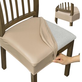FUANGUI Dining Chair Covers Set of 4, Waterproof PU Leather Stretch Chair Seat Slipcovers Soft Removable Washable Chair Covers, Kitchen Chair Seat Covers Protectors Dining Room, PU-Khaki