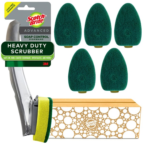 Scotch-Brite Heavy Duty Advanced Soap Control Dishwand Kit, Includes 1 Wand & 5 Refill Pads, Control Soap With A Button, Keep Your Hands Out Of Dirty Water