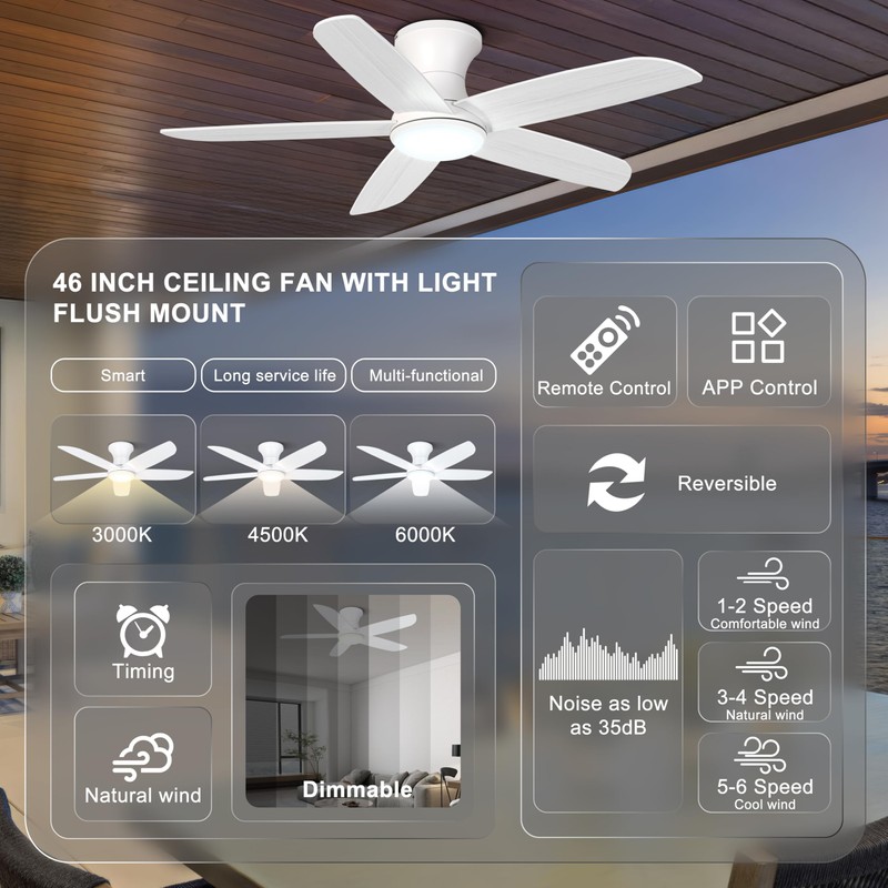 Ohniyou 46'' Ceiling Fan with Lights, Low Profile Ceiling Fans