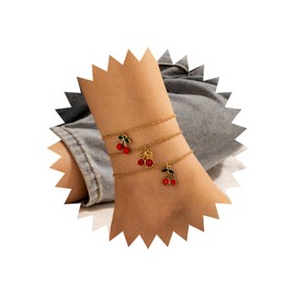 Cybche Boho Rhinestone Cherry Anklet Bracelet Set Gold Layered Cherry Dangle Anklet Summer Beach Crystal CZ Fruit Foot Chain Jewellery for Women