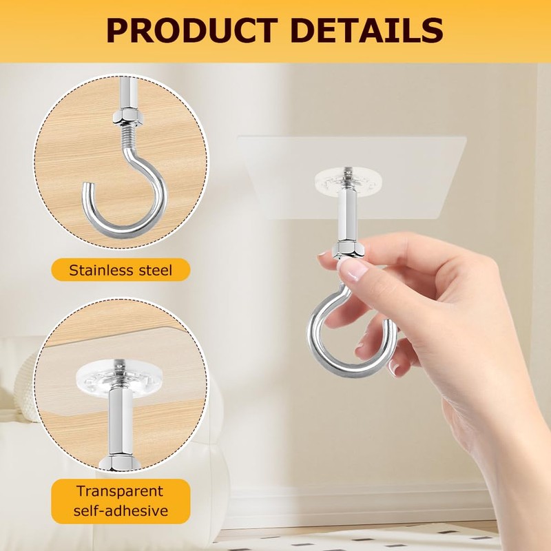 NINEFOX 4 Pack Adhesive Ceiling Hooks, Ceiling Hooks Heavy Duty