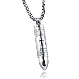 Mens Cross Pendant Necklace for Men Black Gold Urn Lord's Prayer Stainless Steel Ash Memorial Bullet Chain Nice Gifts (Stainless Steel)
