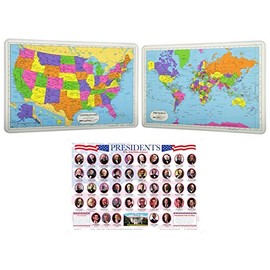 Painless Learning Laminated Educational Placemats for Kids: US Presidents, USA Map, World Map