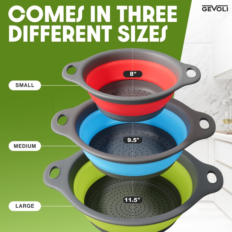 Gevoli Collapsible Colanders with Self-Draining Base for Edge of Sink,