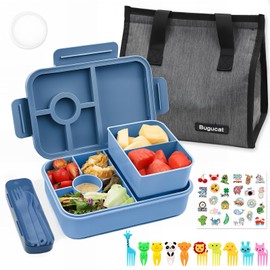 Bugucat Bento Lunch Box 1300ML with Bag - Leak-Proof with 5 Compartments, Cutlery for Kids and Adults - Snack Box for School, Kindergarten, Office,Dark Blue