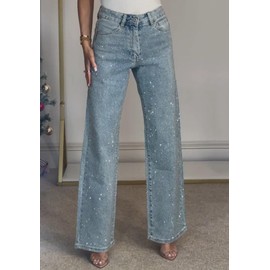 LETSVDO Women's Rhinestone Jeans Baggy High Waisted Y2k Straight Wide Leg Sparkly Glitter Bling Denim Pants Trousers Blue