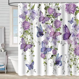 ZCHOMI Purple Butterfly Shower Curtain Purple Floral Butterflies Shower Curtains for Bathroom Spring Summer Waterproof Fabric Washable Bath Curtain 72 x 72 Inch with 12 Hooks