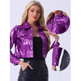 Allegra K Metallic Jacket for Women Moto Biker Jacket Holographic Shiny Crop Party Jackets Small Purple