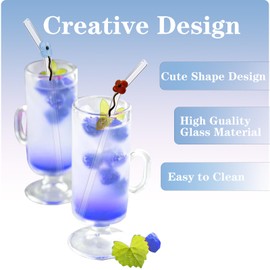 Decorative Glass Drinking Straws, 7.9 inch x 8mm, Set of 4, Flower Charms, Clear with Cleaning Brush