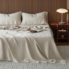 Simple&Opulence 100% Washed Linen Sheet Set-Natural French Flax Bed Sheet-4 Pcs Breathable,Ultra Soft Bedding (1 Flat Sheet,1 Fitted Sheet,2 Pillowcases) with Hollow Hemstitch-Knot Linen,King