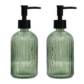 YYTSGG Green Glass Soap Dispenser Set with Black Pump, 13.5oz Refillable Liquid Hand Soap Dispenser, Lotion Dish Soap Dispenser for Modern Home Decor, Bathroom, Kitchen Countertop, Hotel(2 Pack)