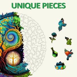 Masseruon Wooden Puzzles for Adults-YIN YANG Tree of Life 2, Unique Shaped Jigsaw Puzzles (L, 13.8x13.8IN, 300PCS), Mystery Round Puzzles, Christmas Family Game Birthday Gift