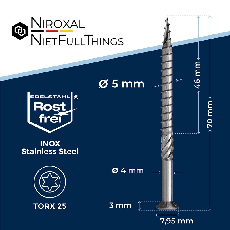 Terrace Screws 5 x 70 Stainless Steel A2 Rounded Head
