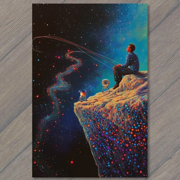 5x7" Silhouette of Man Fishing Cosmic Spiral Sky Vibrant Abstract