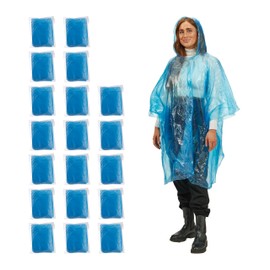 Relaxdays Lot 20 Ponchos de pluie jetables Rain Poncho, Set of 20, Disposable Rain Cape with Hood, Hiking, Festival, Emergency Ponchos for Men and Women, Blue, 100% Plastic