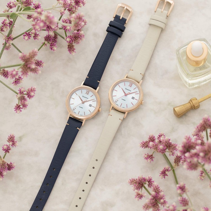 Casio SHS-D Series Solar Wristwatch Scene, navy leather, Bar Index