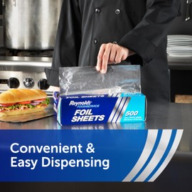 Reynolds Foodservice Pre-Cut Aluminum Foil Sheets, Great for Concessions, Catering, Cafeterias, and Restaurants, Easily Moldable Around Food, 12 x 10.75 Inches, 500 Ct.