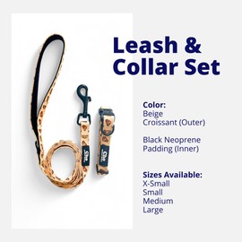 Dog Leash and Collar Set – Padded Handle & Neck with Heavy Duty Nylon, Available in XS/S/M/L - Choose from 4 Vibrant Colorful Patterns (X-Small, Beige Croissant)
