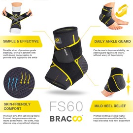 Bracoo FS60 Ankle Brace Pack of 2, Professional Ankle Support for Women/Men, Compression Socks, Foot Bandage for Plantar Fasciitis, Arthritis, ACL, Joint Pain, Heel Spurs, Sports Black, S/M