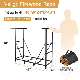 Vailge Firewood Rack Outdoor 4FT with Waterproof Firewood Carrier Bag, Adjustable Heavy Duty Steel Firewood Holder Storage, Log Rack for Fireplace, Fire Pit, Backyard, Camping