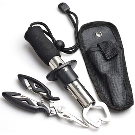 Fish Gripper Pliers Scissors Set, Hook Remover Line Cutter Split Ring Fishing Gear, Muti-Function Tools with Storage Bag & Adjustable Landyard [Style A]